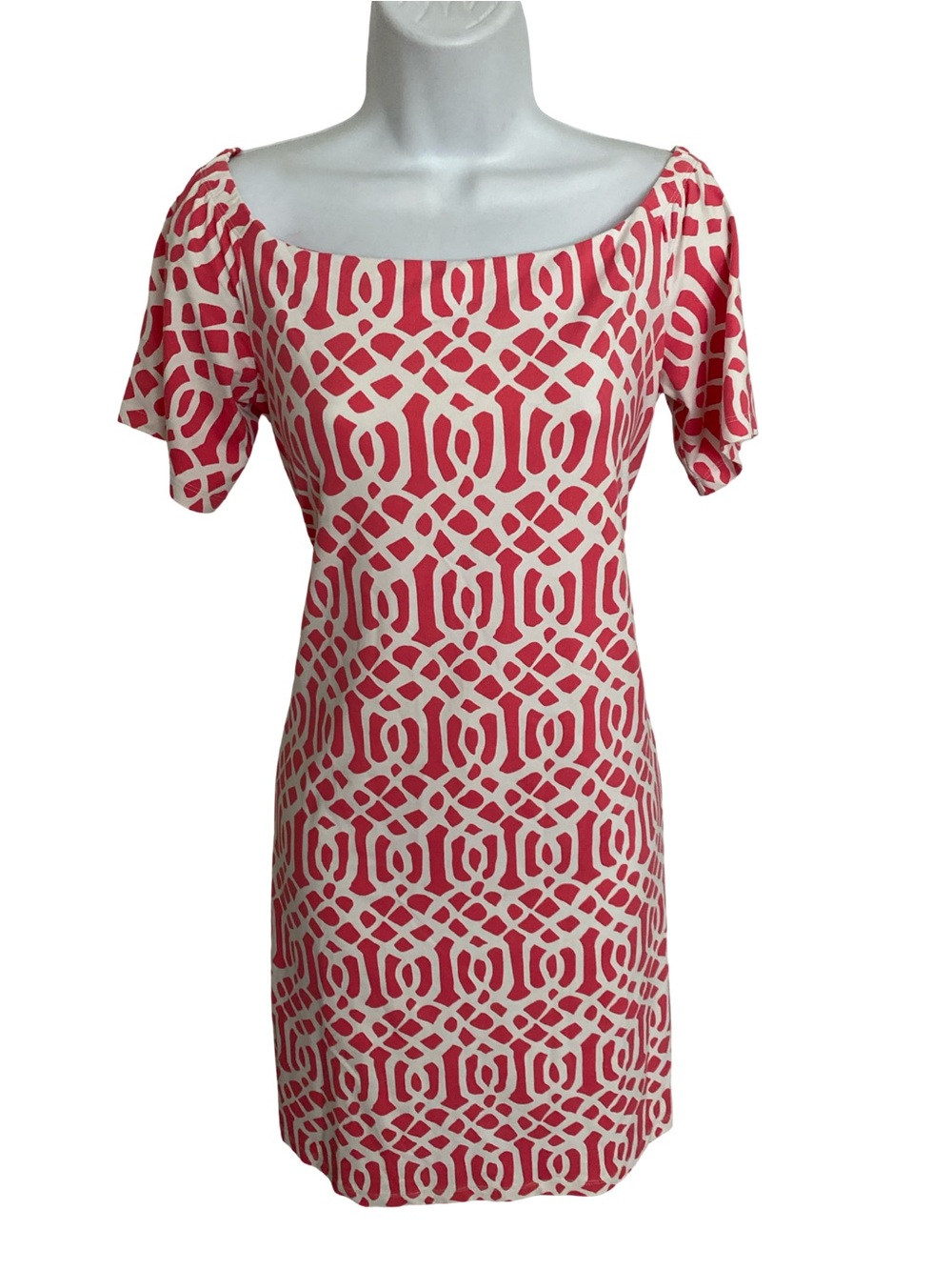J. McLaughlin Pink and White Geometric Scoop Neck Shift Dress-S